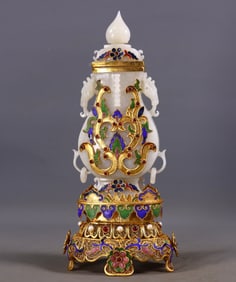 An Exquisite Gilt Bronze Inlaid White Jade Lotus Pattern Double-Ears Vase