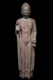 An Exquisite Limestone Painted Color Buddha Statue