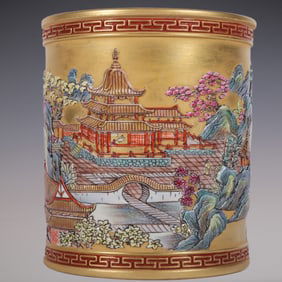 An Exquisite Enamel Landscape and Figure Pattern Brush Pot