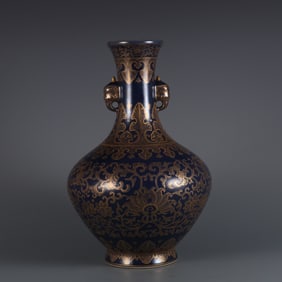 An Exquisite Ji Blue Glazed Painted Gold Lotus Pattern Double-Ears Vase