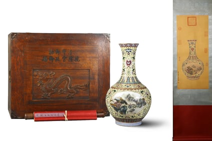 A Exquisite Famille-Rose Lotus Pattern Landscape and Figure Pattern Vase