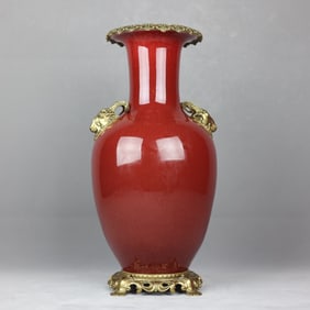 An Exquisite Lang Red Glazed Inlaid Bronze Double-Ears Vase