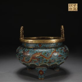An Exquisite Cloisonne Seawater Pattern Lotus Pattern Dragon Pattern Double-Ears and Tripod Censer