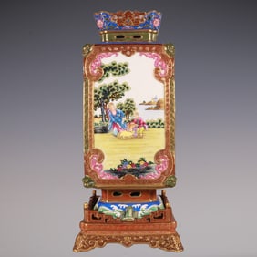 An Exquisite Enamel Painted Gold Lotus Pattern Character and Story Pattern with poem Vase