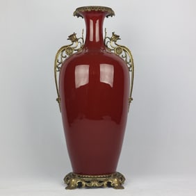 An Exquisite Lang Red Glazed Inlaid Bronze Double-Ears Vase