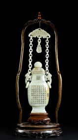 An Exquisite White Jade with poem Double-Ears Vase