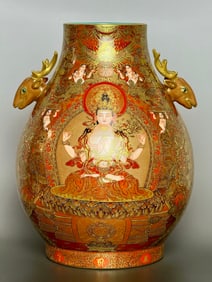An Exquisite Enamel Painted Gold Buddha Statue Pattern Double-Ears Vase