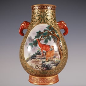 An Exquisite Enamel Green Ground Painted Gold Lotus Pattern Animal Pattern Double-Ears Vase