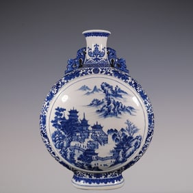 An Exquisite Blue and White Lotus Pattern Pine Pattern Bats and Peach Pattern Double-Ears Vase