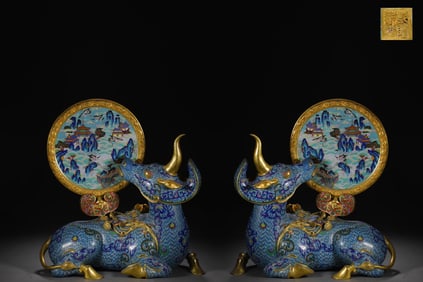 A Pair of Exquisite Cloisonne Crane Pattern Seawater Pattern Rhinoceros-Shaped Screen
