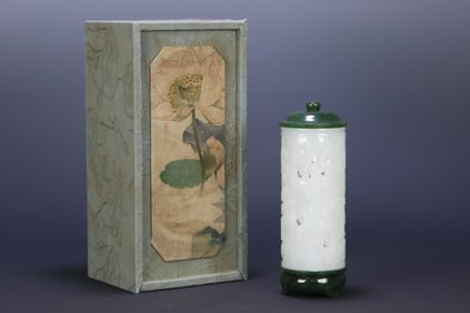 An Exquisite White Jade Inlaid Jasper Character and Story Pattern Incense Tube