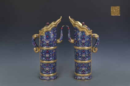 A Pair of Exquisite Cloisonne Lotus Pattern Ewer