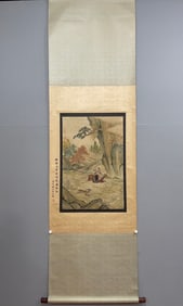 A Chinese Vertical Scroll Ink Painting of Character and Story on Silk