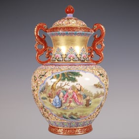 An Exquisite Enamel Lotus Pattern Character and Story Pattern Double-Ears Jar