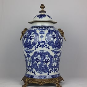 An Exquisite Blue and White Inlaid Bronze Character and Story Pattern Double-Ears Jar