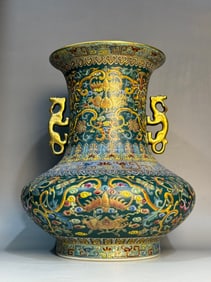 An Exquisite Famille-Rose Painted Gold Lotus Pattern Bats and Peach Pattern Double-Ears Vase