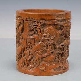 A Exquisite Boxwood Landscape and Figure Pattern with poem Brush Pot