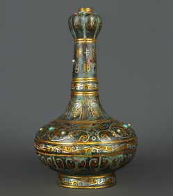 An Exquisite Bronze Inlaid Gold and Silver Inlaid Turquoise With Inscription Vase