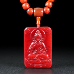 An Exquisite Red Jade Statue of Avalokitesvara Pattern with poem Brand
