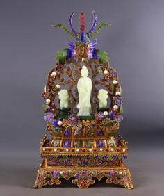 An Exquisite Gilt Bronze Inlaid White Jade Statue of Avalokitesvara