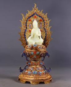 An Exquisite Gilt Bronze Inlaid White Jade Buddha Statue