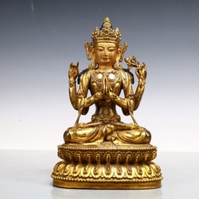 A Exquisite Gilt Bronze Four-arms Statue of Avalokitesvara
