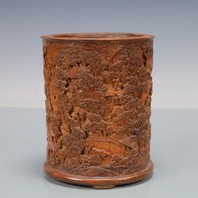 A Exquisite Bamboo Landscape and Figure Pattern Brush Pot