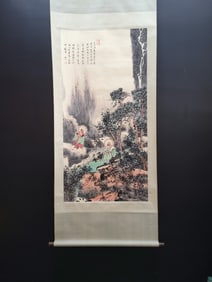 A Chinese Vertical Scroll Ink Painting of Landscape and Figure on Paper