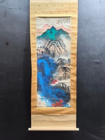 A Chinese Vertical Scroll Ink Painting of Landscape on Paper