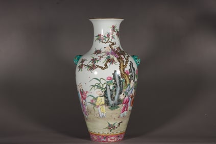 An Exquisite Famille-Rose Character and Story Pattern Bats and Peach Pattern with poem Double-Ears