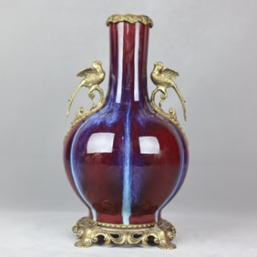 An Exquisite Flambe Glazed Inlaid Bronze Double-Ears Vase