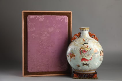 An Exquisite Famille-Rose Character and Story Pattern with poem Double-Ears Vase