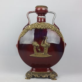 An Exquisite Flambe Glazed Inlaid Bronze Crane Pattern Double-Ears Vase