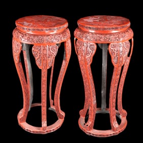 A Exquisite A pair of Carved Red Lacquer Lotus Pattern Pine and Crane Pattern Character and Story