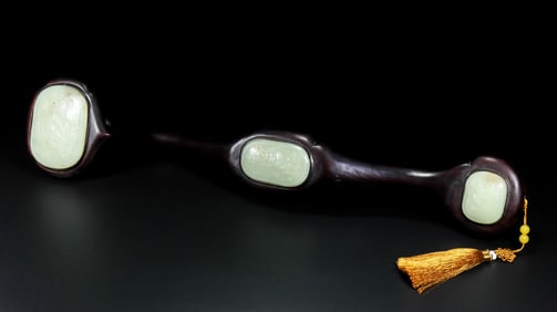 An Exquisite White Jade Inlaid Redwood Auspicious Beast Pattern Ruyi