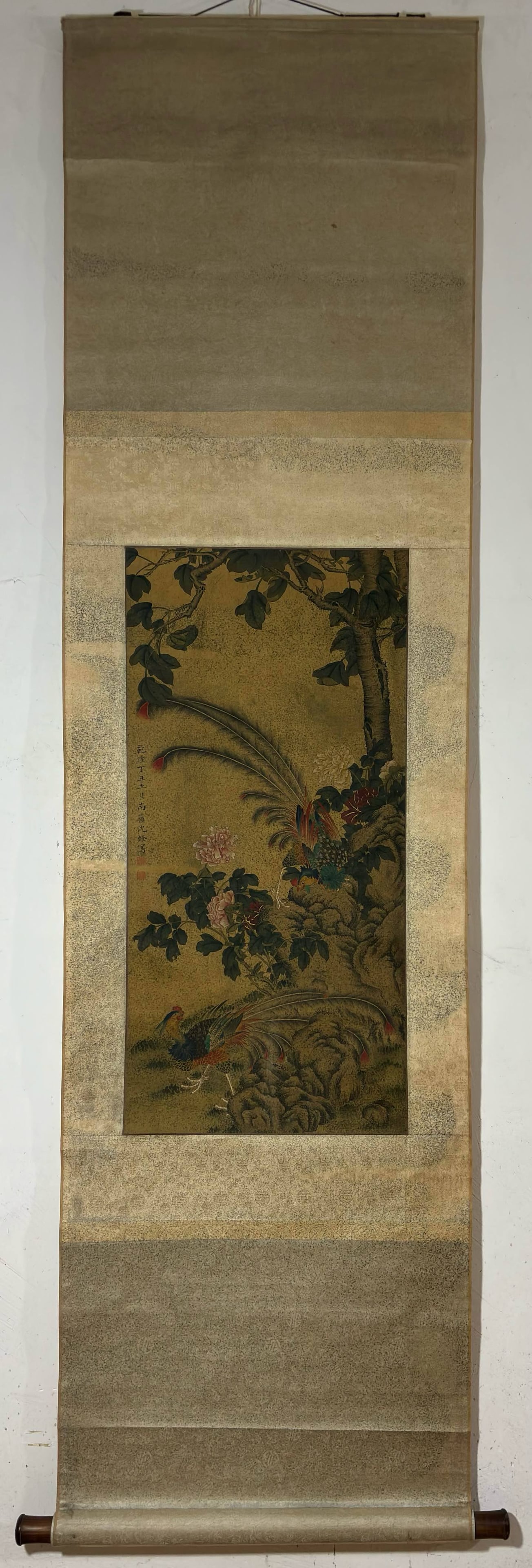A Chinese Vertical Scroll Ink Painting of Flower and Bird on Silk (1 of 9)