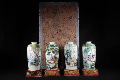 A Set of Fine Famille-Rose Character and Story Pattern with poem Vase