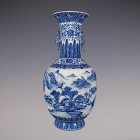 An Exquisite Blue and White Lotus Pattern Landscape Pattern Seawater Pattern Double-Ears Vase