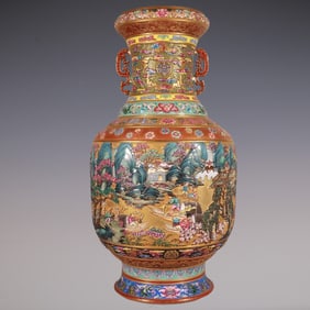 An Exquisite Enamel Bats and Peach Pattern Lotus Pattern Landscape and Figure Pattern Double-Ears