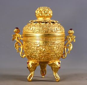 An Exquisite Gilt Bronze Inlaid Gems Lotus Pattern Double-Ears and Tripod Censer