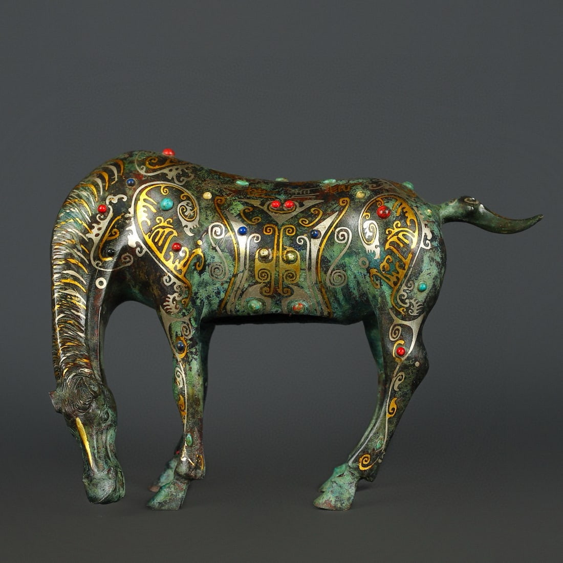 An Exquisite Bronze Inlaid Gold and Silver Inlaid Turquoise With Inscription Horse Ornament (1 of 9)