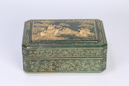 An Exquisite Jasper Painted Gold Character and Story Pattern Lotus Pattern Box