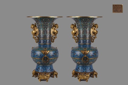 A Pair of Exquisite Cloisonne Beast-Face Pattern Double-Ears Vase