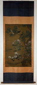 A Chinese Vertical Scroll Ink Painting of Flower and Bird on Silk