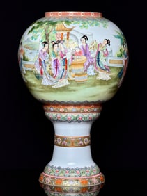 An Exquisite Famille-Rose Iron-Red Green Ground Lotus Pattern Character and Story Pattern with poem