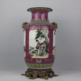 An Exquisite Famille-Rose Inlaid Bronze Lotus Pattern Character and Story Pattern Double-Ears Vase