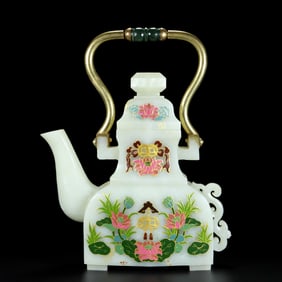 An Exquisite White Jade Painted Color Flower Pattern Ewer