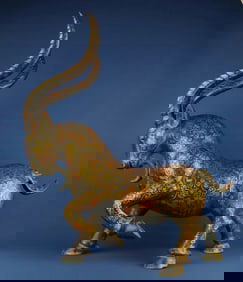 An Exquisite Bronze Inlaid Gold With Inscription Sheep Ornament