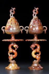 An Exquisite White Jade Dragon Pattern With Inscription Double-Ears Censer