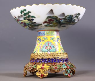 An Exquisite Famille-Rose Inlaid Gilt Bronze Lotus Pattern Landscape Pattern Plate